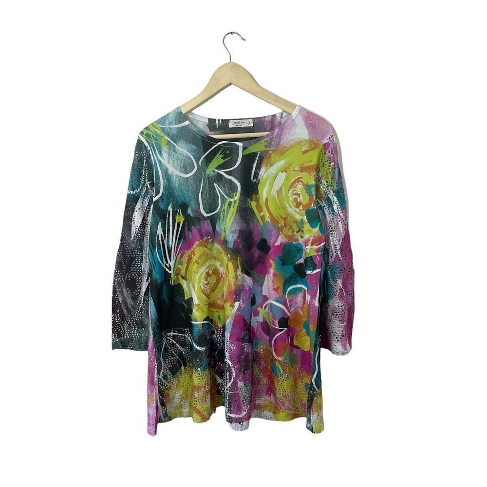 Jess & Jane Large Tunic Art To Wear Sheer Details 3/4 Sleeve Stretch USA Womens